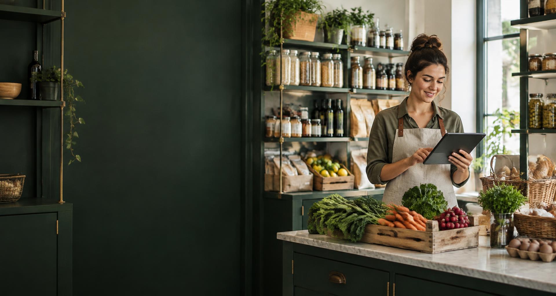 Commerçante utilisant une tablette dans une boutique organisée